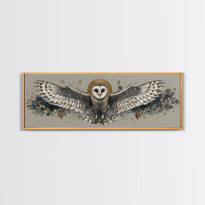 Owl with Moonlit Feathers and Celestial Accents Framed Canvas Print, Animal Art, Oil Painting, Living Room Decor, Creature, ANI-3x1-79