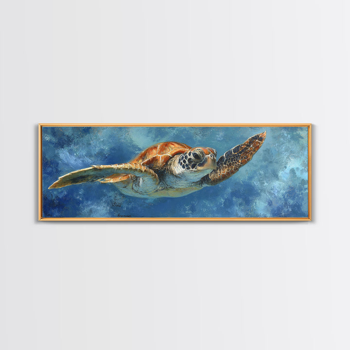 Sea Turtle Drifting Through Luminous Blue Water Framed Canvas Print, Animal Art, Nursery Decor, Living Room Decor, Creature, ANI-3x1-82