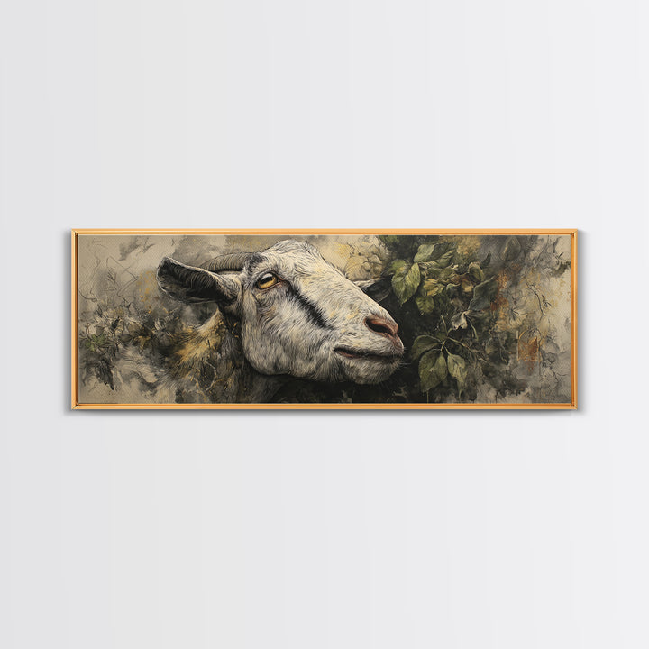Goat Portrait with Rustic Folk Art Personality Canvas Print, Animal Art, Boho Wall Art, Living Room Decor, Oil Painting, ANI-3x1-85