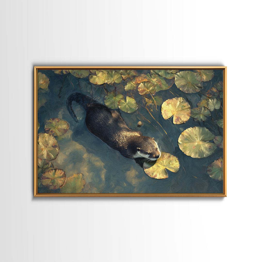 Playful Otter Floating Among Lily Pads Canvas Print, Animal Art, Nursery Decor, Living Room Decor, Fine Art, Creature, ANI-3x2-12