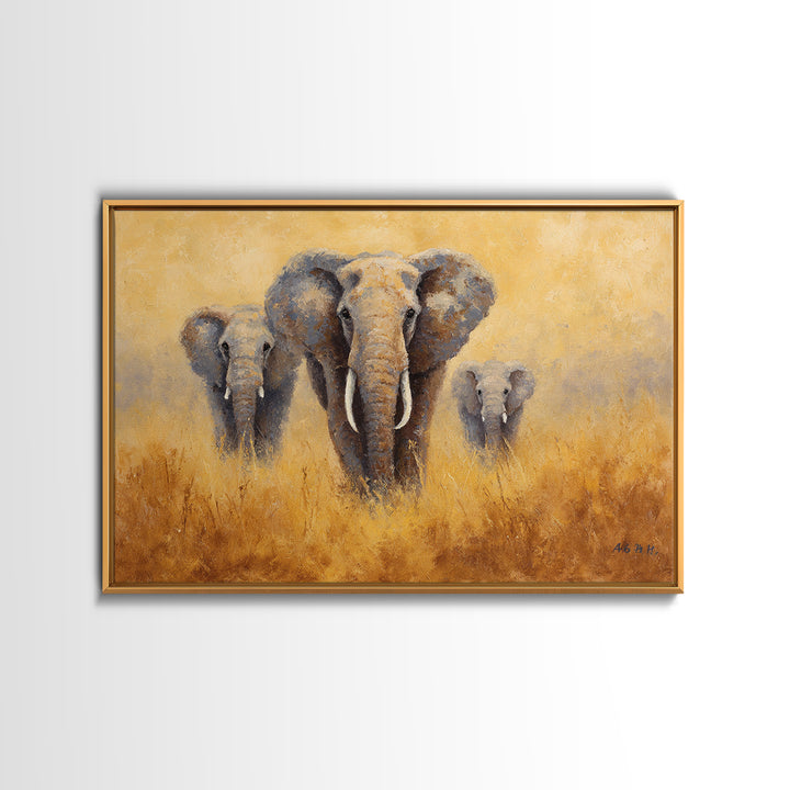 Elephant Family Walking Through Dusty Golden Light Framed Canvas Print, Animal Art, Printable, Living Room Decor, Creature, ANI-3x2-18