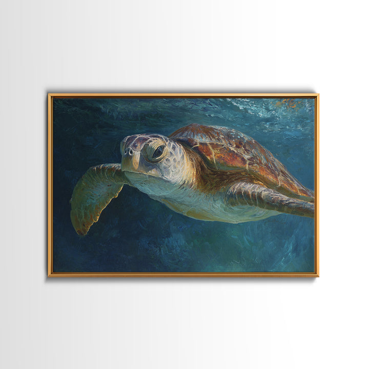 Sea Turtle Drifting Through Luminous Blue Water Canvas Print, Animal Art, Living Room Decor, Oil Painting, Creature, ANI-3x2-22