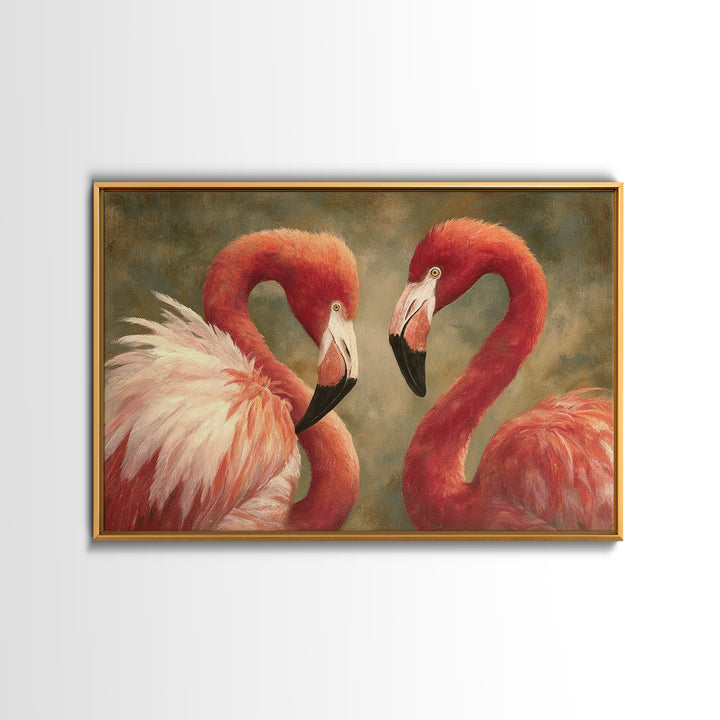 Flamingo Pair in Elegant Coral and Cream Framed Canvas Print, Animal Art, Digital Print, Living Room Decor, Fine Art, Creature, ANI-3x2-23