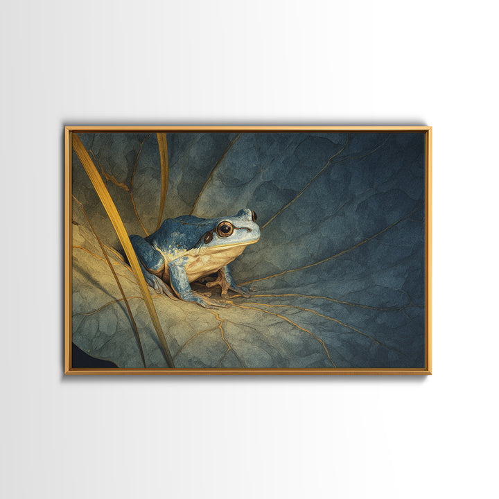 Frog on a Lotus Leaf Framed Canvas Print, Animal Art, Nursery Wall Art, Living Room Decor, Fine Art, Creature, Trendy Wall Art, ANI-3x2-24