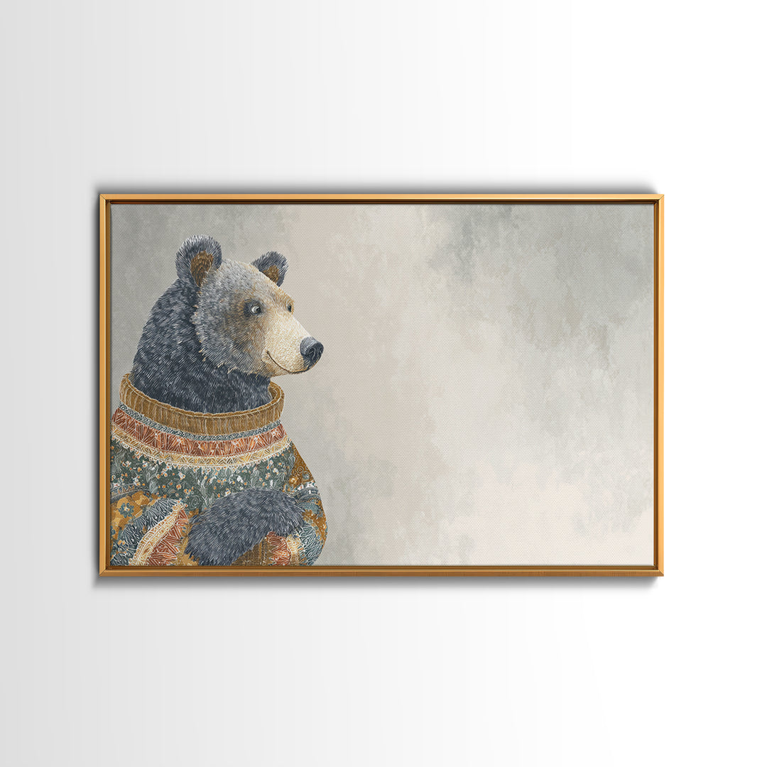 Whimsical Bear in a Patterned Sweater with Canvas Print, Animal Art, Digital Print, Living Room Decor, Fine Art, Creature, ANI-3x2-30