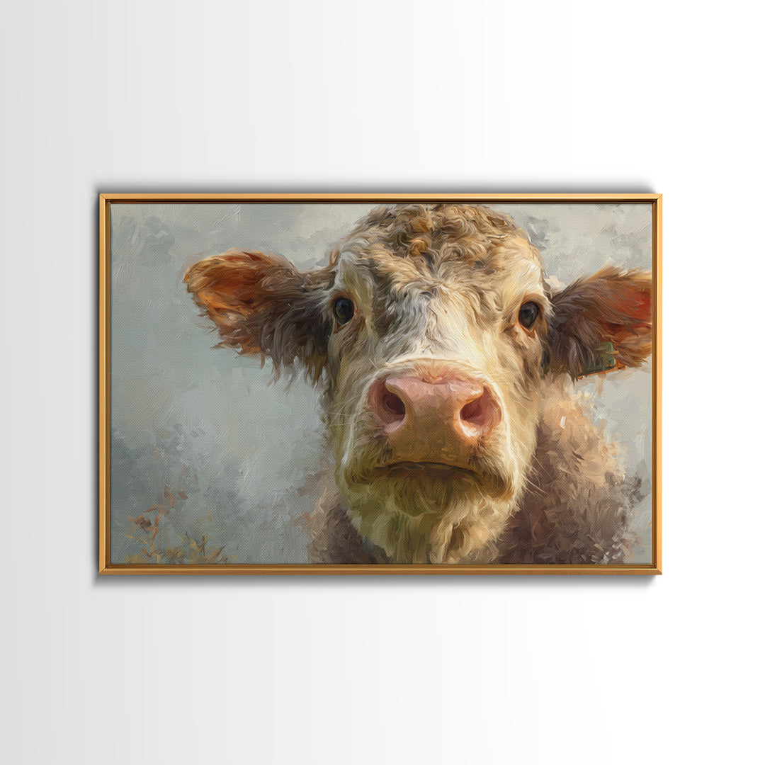 Gentle Cow Portrait Framed Canvas Print, Animal Art, Safari Nursery Decor, Living Room Decor, Oil Painting, Creature, ANI-3x2-35