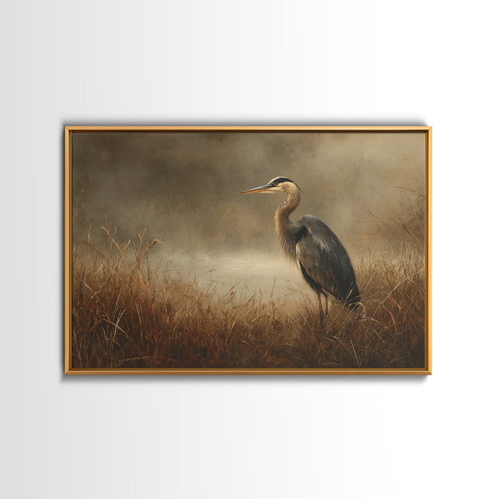 Blue Heron Standing Framed Canvas Print, Animal Art, Neutral Decor, Living Room Decor, Fine Art, Creature, Wall Art, Home Decor, ANI-3x2-39