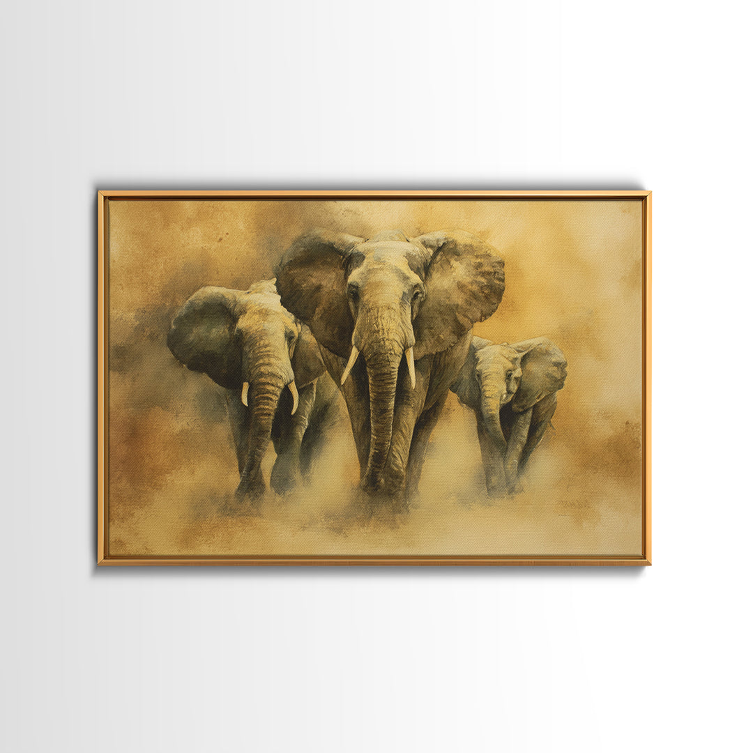 Elephant Family Walking Through Dusty Golden Light Canvas Print, Animal Art, Art Deco, Living Room Decor, Fine Art, Creature, ANI-3x2-42