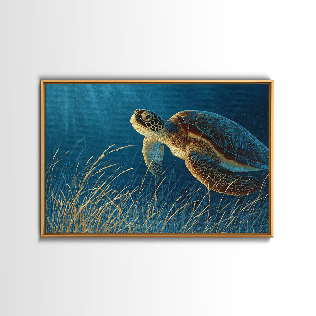Sea Turtle Drifting Through Luminous Blue Water Framed Canvas Print, Animal Art, Original Art, Living Room Decor, Creature, ANI-3x2-46