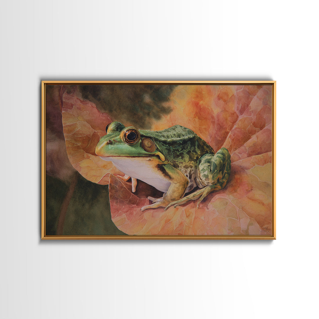 Frog on a Lotus Leaf Canvas Print, Animal Art, Living Room Decor, Fine Art, Creature, Fine Art Print, Statement Artwork, ANI-3x2-48