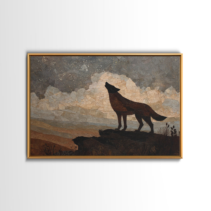 Wolf Silhouette Beneath a Star Filled Sky Framed Canvas Print, Animal Art, Nursery Wall Art, Living Room Decor, Oil Painting, ANI-3x2-50