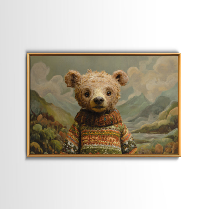 Whimsical Bear in a Patterned Sweater with Canvas Print, Animal Art, Digital Print, Living Room Decor, Fine Art, Creature, ANI-3x2-54