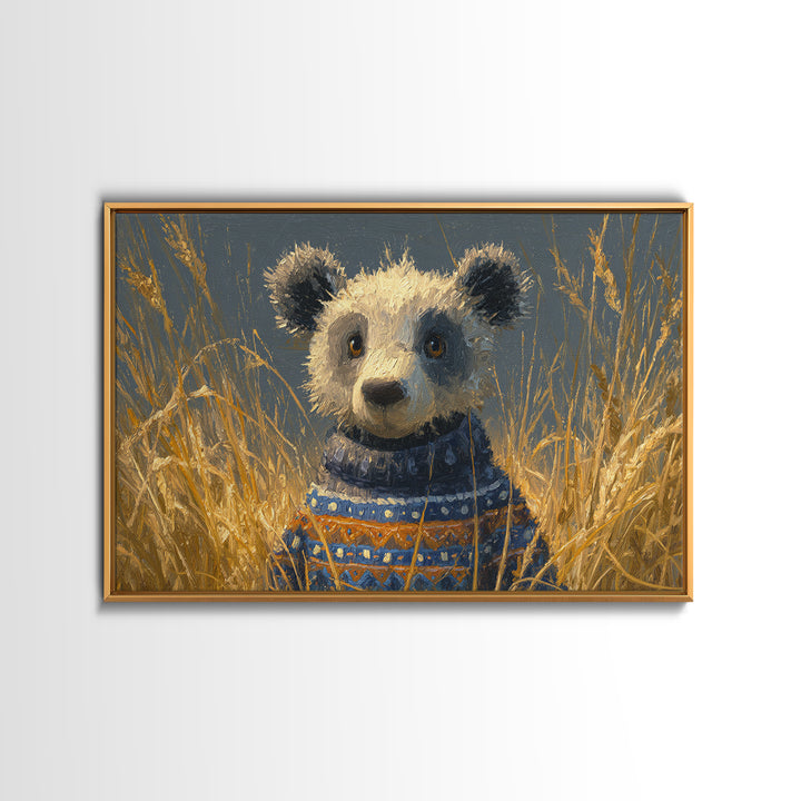 Whimsical Bear in a Patterned Sweater with Framed Canvas Print, Animal Art, Oil Painting, Living Room Decor, Fine Art, Creature, ANI-3x2-6