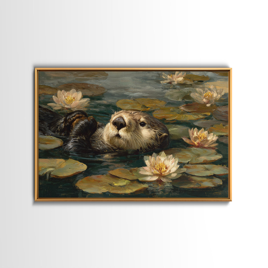 Playful Otter Floating Among Lily Pads Framed Canvas Print, Animal Art, Downloadable Art, Living Room Decor, Fine Art, Creature, ANI-3x2-60