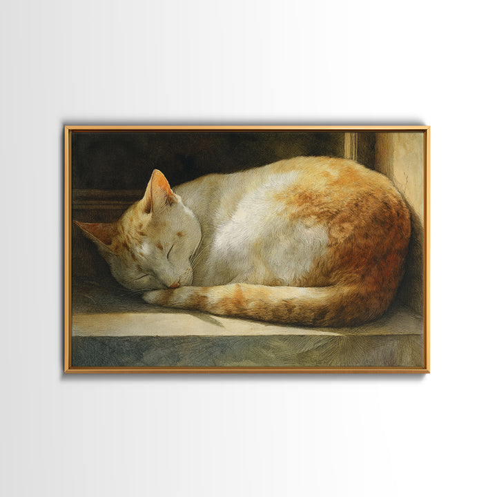 Sleeping Cat Curled Framed Canvas Print, Animal Art, Gallery Decor, Living Room Decor, Abstract Art, Creature, Contemporary Art, ANI-3x2-64