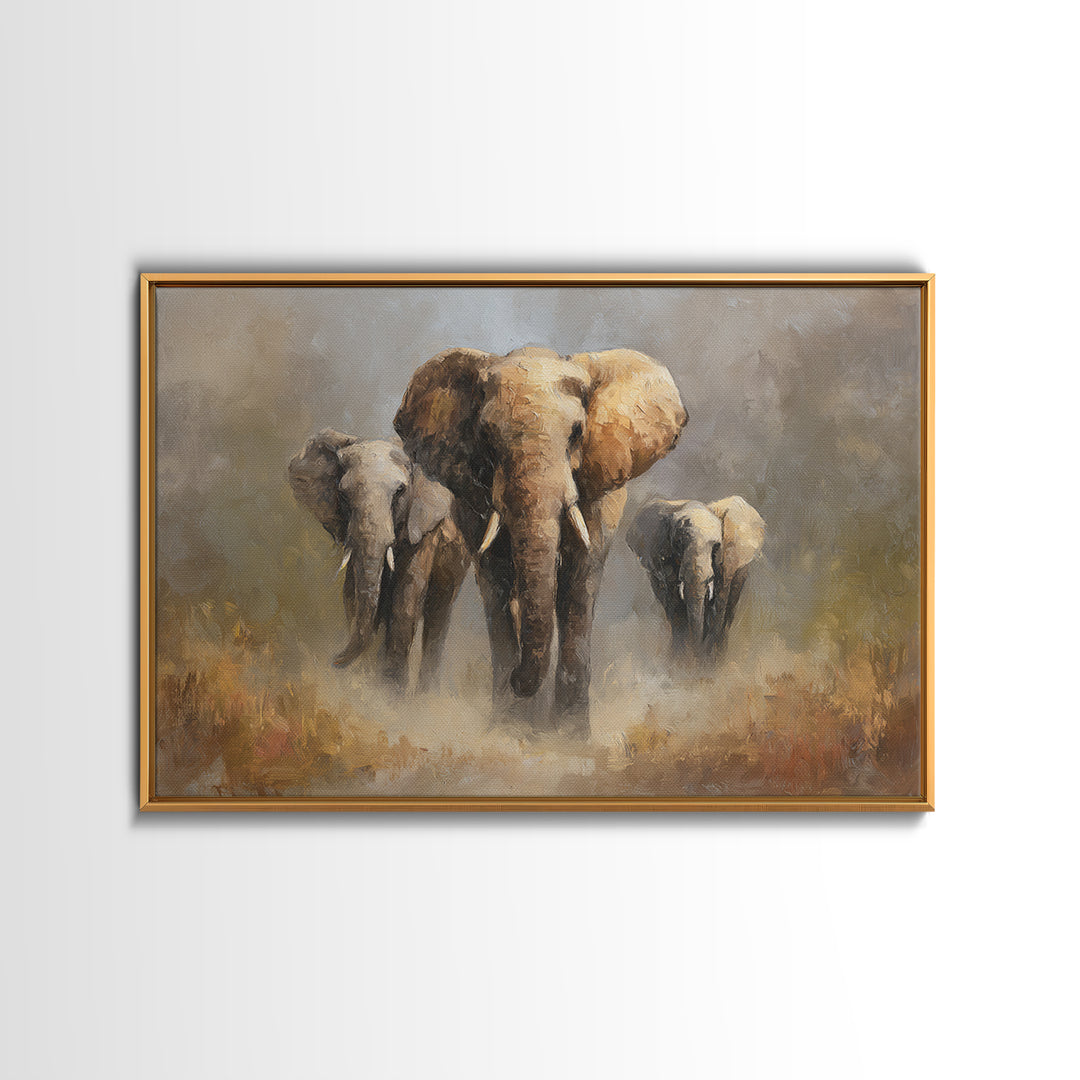 Elephant Family Walking Through Dusty Golden Light Canvas Print, Animal Art, Art Deco, Living Room Decor, Fine Art, Creature, ANI-3x2-66