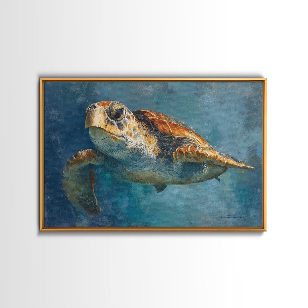 Sea Turtle Drifting Through Luminous Blue Water Framed Canvas Print, Animal Art, Original Art, Living Room Decor, Creature, ANI-3x2-70