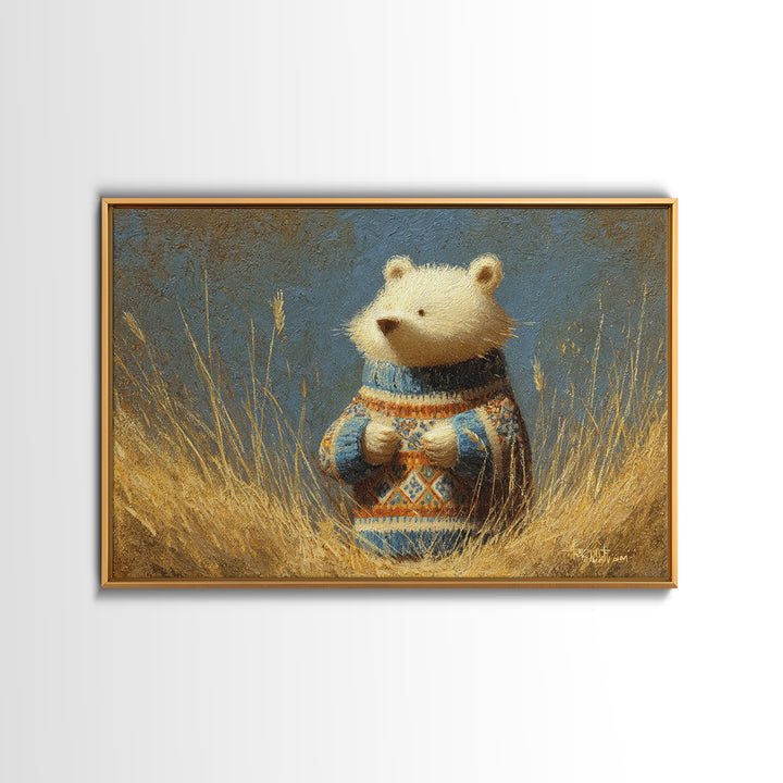 Whimsical Bear in a Patterned Sweater with Framed Canvas Print, Animal Art, Boho Wall Art, Living Room Decor, Creature, ANI-3x2-78
