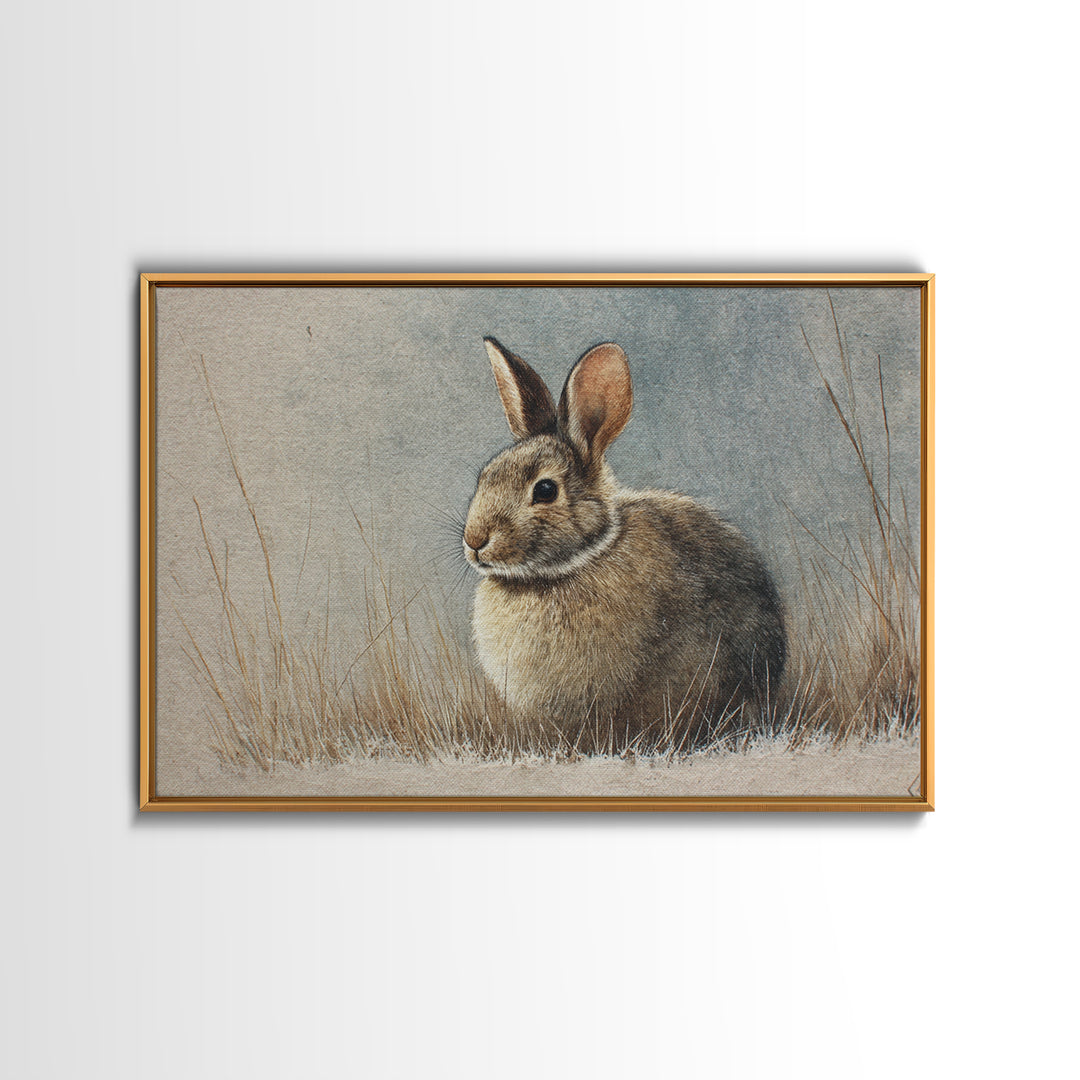 Curious Rabbit in a Soft Watercolor Meadow Framed Canvas Print, Animal Art, Cat Art, Living Room Decor, Fine Art, Creature, ANI-3x2-81