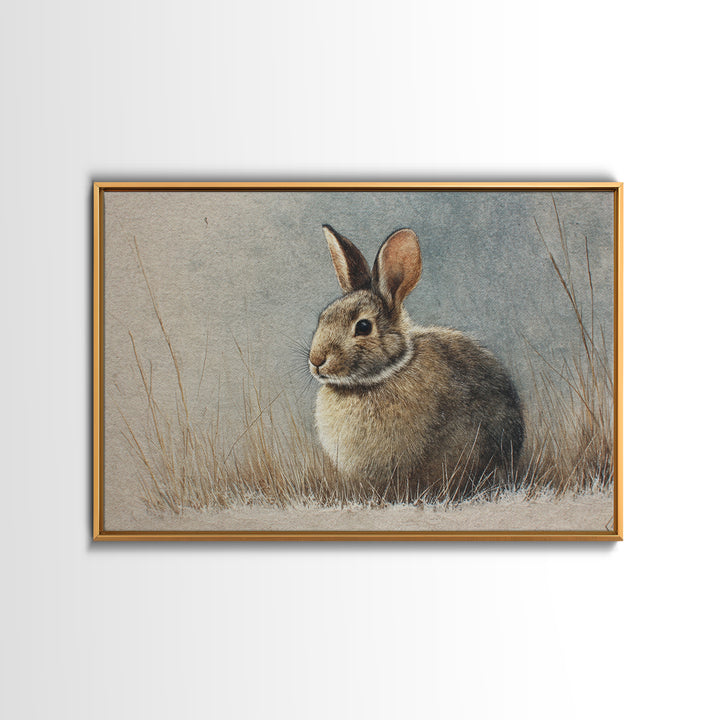 Curious Rabbit in a Soft Watercolor Meadow Framed Canvas Print, Animal Art, Cat Art, Living Room Decor, Fine Art, Creature, ANI-3x2-81