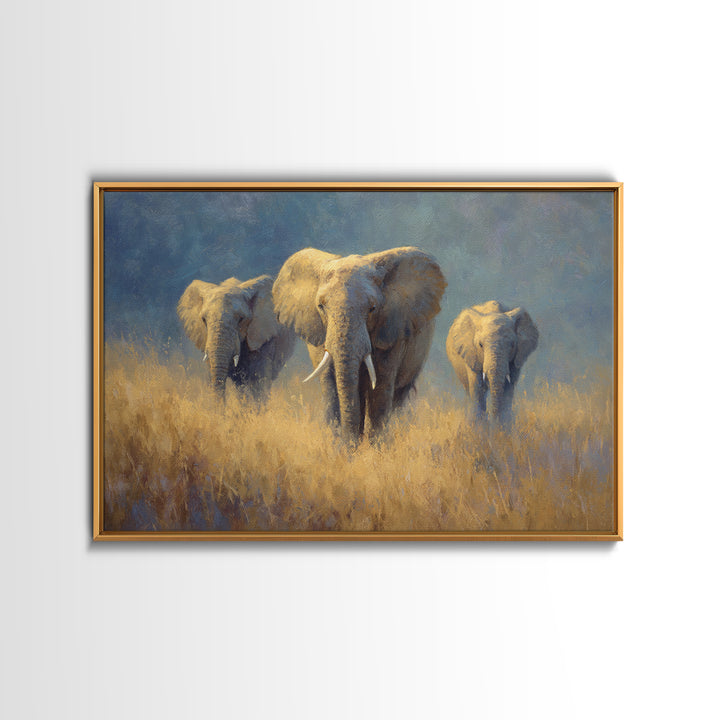 Elephant Family Walking Through Dusty Golden Light Canvas Print, Animal Art, Farmhouse Decor, Living Room Decor, Creature, ANI-3x2-90