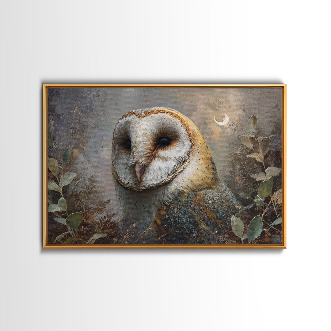 Owl with Moonlit Feathers and Celestial Accents Framed Canvas Print, Animal Art, Art, Living Room Decor, Oil Painting, Creature, ANI-3x2-91