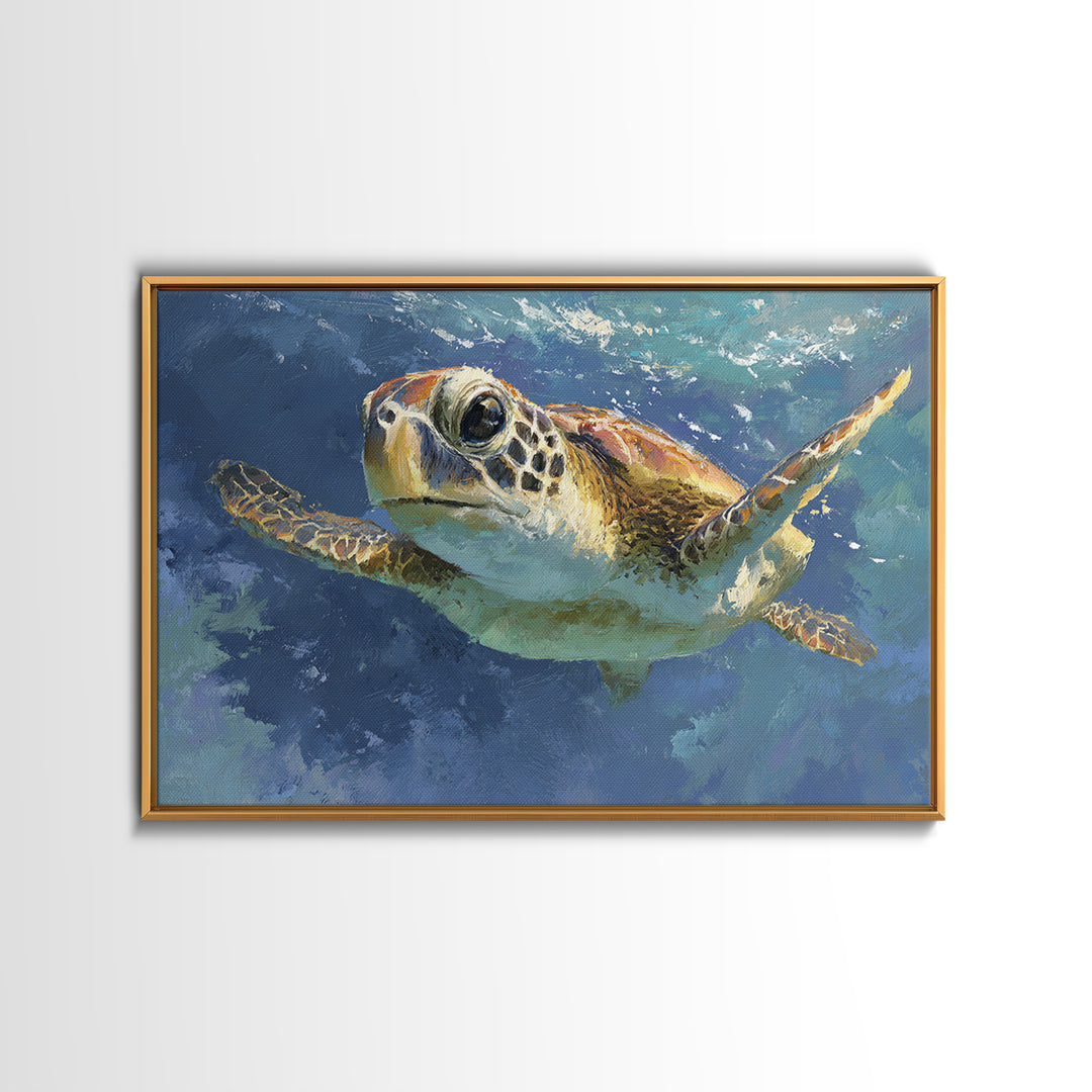 Sea Turtle Drifting Through Luminous Blue Water Canvas Print, Animal Art, Nursery, Living Room Decor, Abstract Art, Creature, ANI-3x2-94