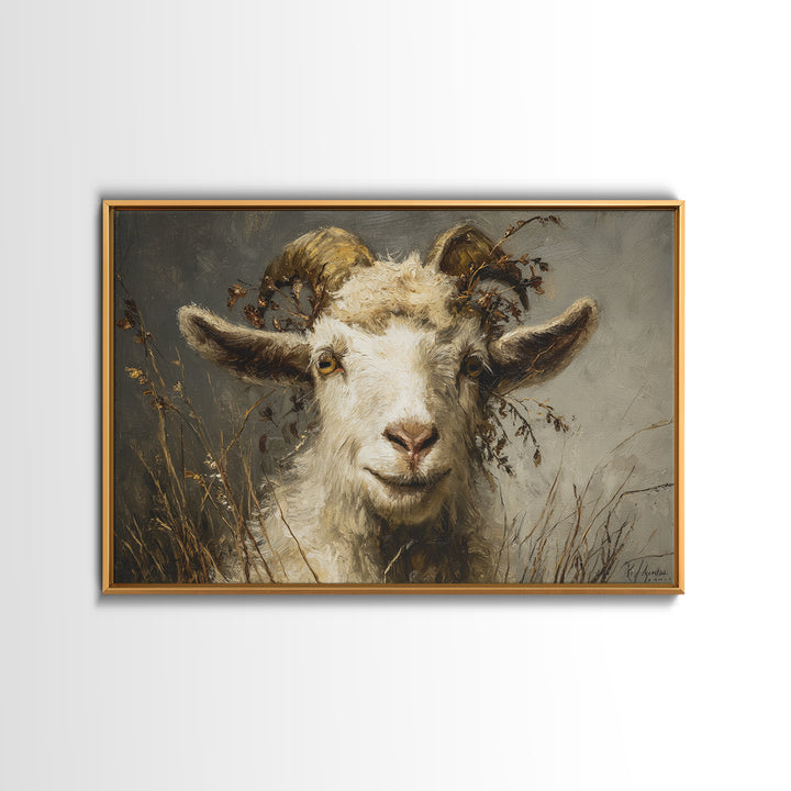 Goat Portrait with Rustic Folk Art Personality Framed Canvas Print, Animal Art, Downloadable Art, Living Room Decor, Creature, ANI-3x2-97