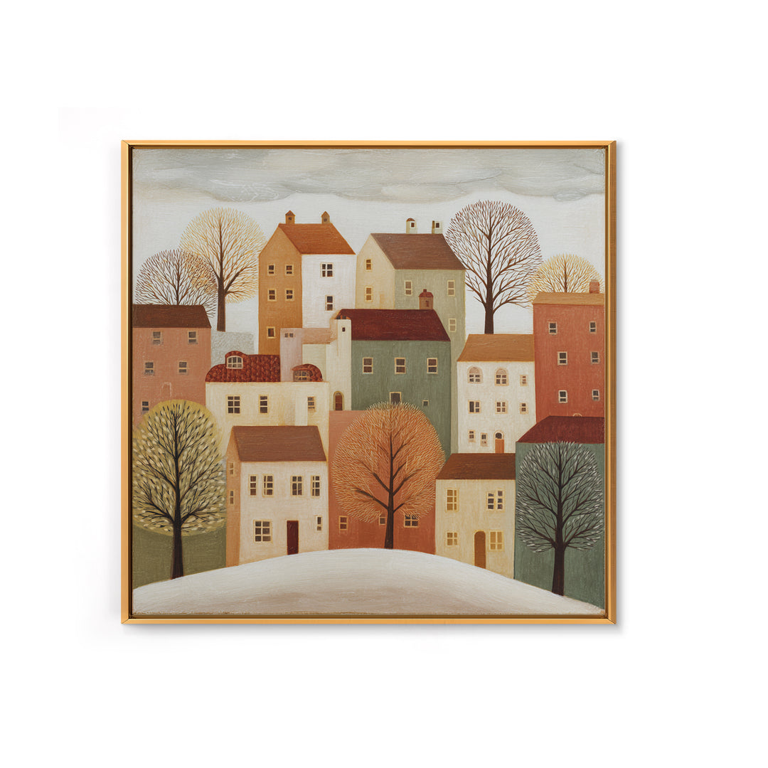 Naive Folk Art Village Framed Canvas Print, Art, Large Wall Art, Living Room Decor, Fine Art, Prints Wall Art, ART-1x1-44