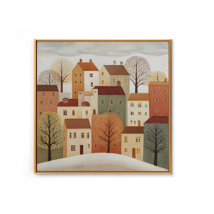 Naive Folk Art Village Framed Canvas Print, Art, Large Wall Art, Living Room Decor, Fine Art, Prints Wall Art, ART-1x1-44
