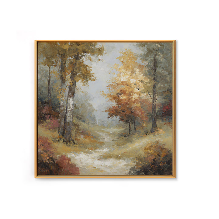 Woodland Path with Golden Autumn Atmosphere Framed Canvas Print, Art, Original Art, Living Room Decor, Fine Art, ART-1x1-47
