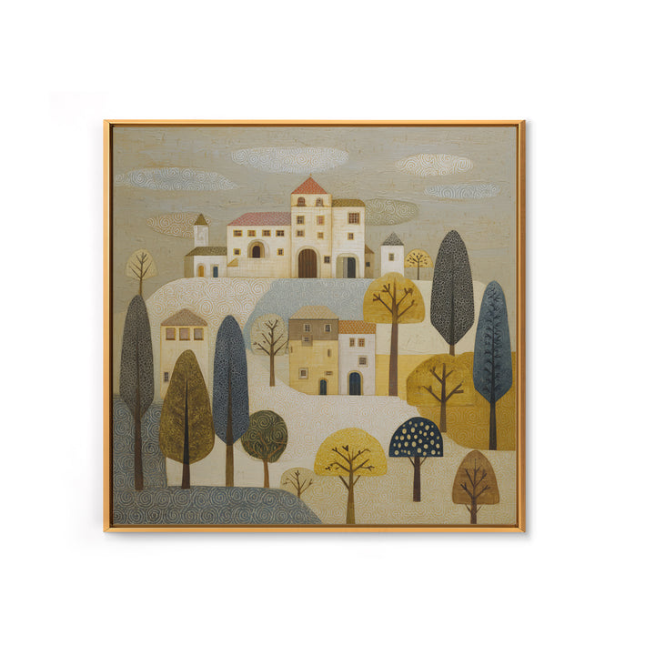 Naive Folk Art Village Framed Canvas Print, Art, Wood Wall Art, Living Room Decor, Fine Art, Modern Decor, Fine Art Print, ART-1x1-68