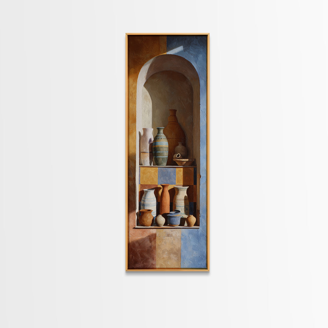 Architectural Archway in Warm Mediterranean Light Framed Canvas Print, Art, Black Art, Living Room Decor, Watercolor Art, ART-1x3-34