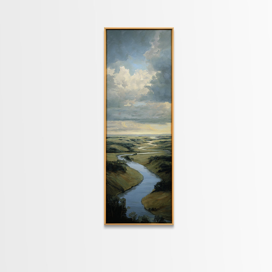 Classic Landscape with Winding River and Atmospheric Framed Canvas Print, Art, Art Nouveau, Living Room Decor, Watercolor Art, ART-1x3-87