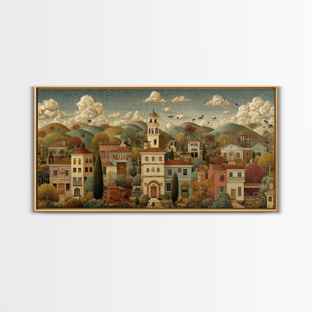 Naive Folk Art Village Framed Canvas Print, Art, Neutral Decor, Living Room Decor, Fine Art, Art Prints, Digital Art, ART-2x1-16