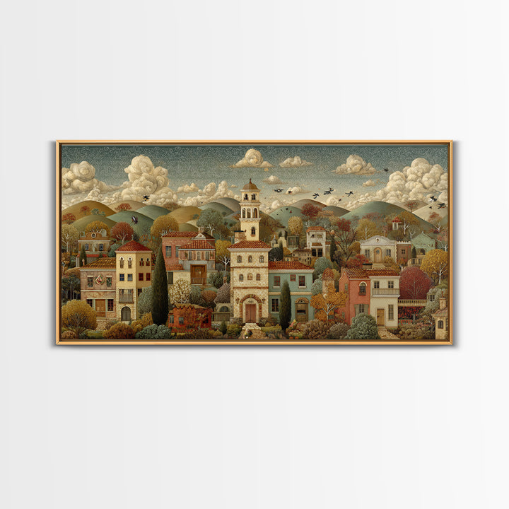 Naive Folk Art Village Framed Canvas Print, Art, Neutral Decor, Living Room Decor, Fine Art, Art Prints, Digital Art, ART-2x1-16