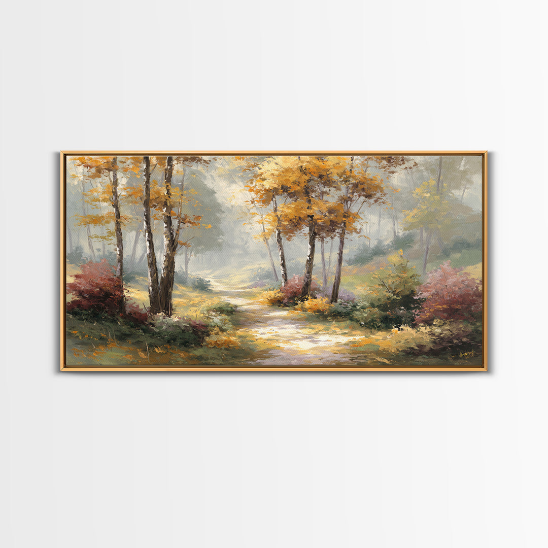 Woodland Path with Golden Autumn Atmosphere Framed Canvas Print, Art, Printable Art, Living Room Decor, Fine Art, ART-2x1-19