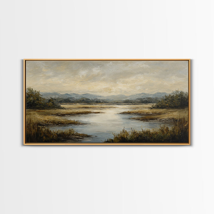 Classic Landscape with Winding River and Atmospheric Framed Canvas Print, Art, Art Print, Living Room Decor, Fine Art, ART-2x1-23