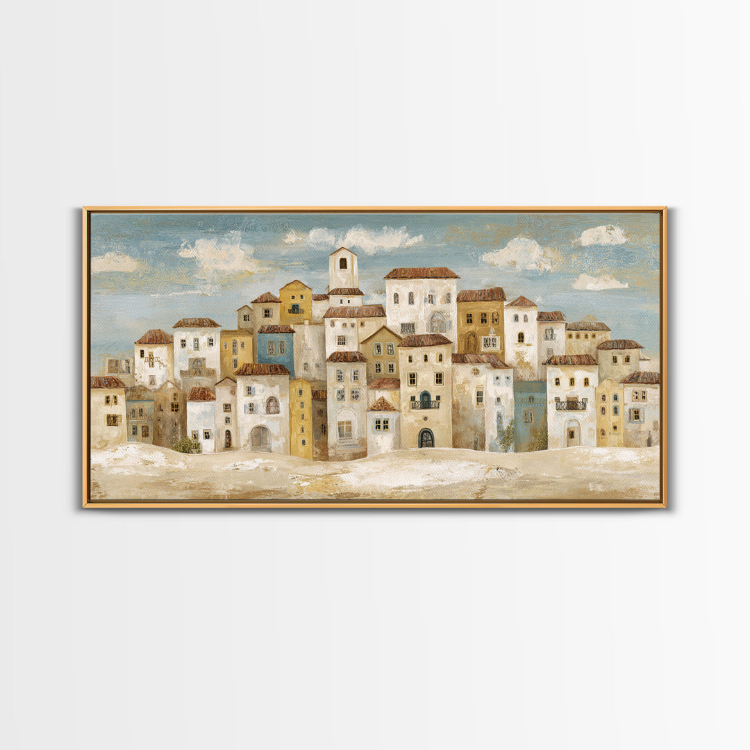 Naive Folk Art Village Framed Canvas Print, Art, Wall Art, Living Room Decor, Fine Art, Original Art, Art Nouveau, ART-2x1-40