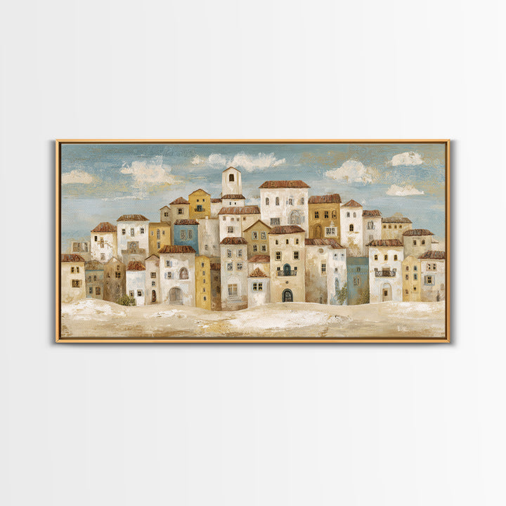 Naive Folk Art Village Framed Canvas Print, Art, Wall Art, Living Room Decor, Fine Art, Original Art, Art Nouveau, ART-2x1-40
