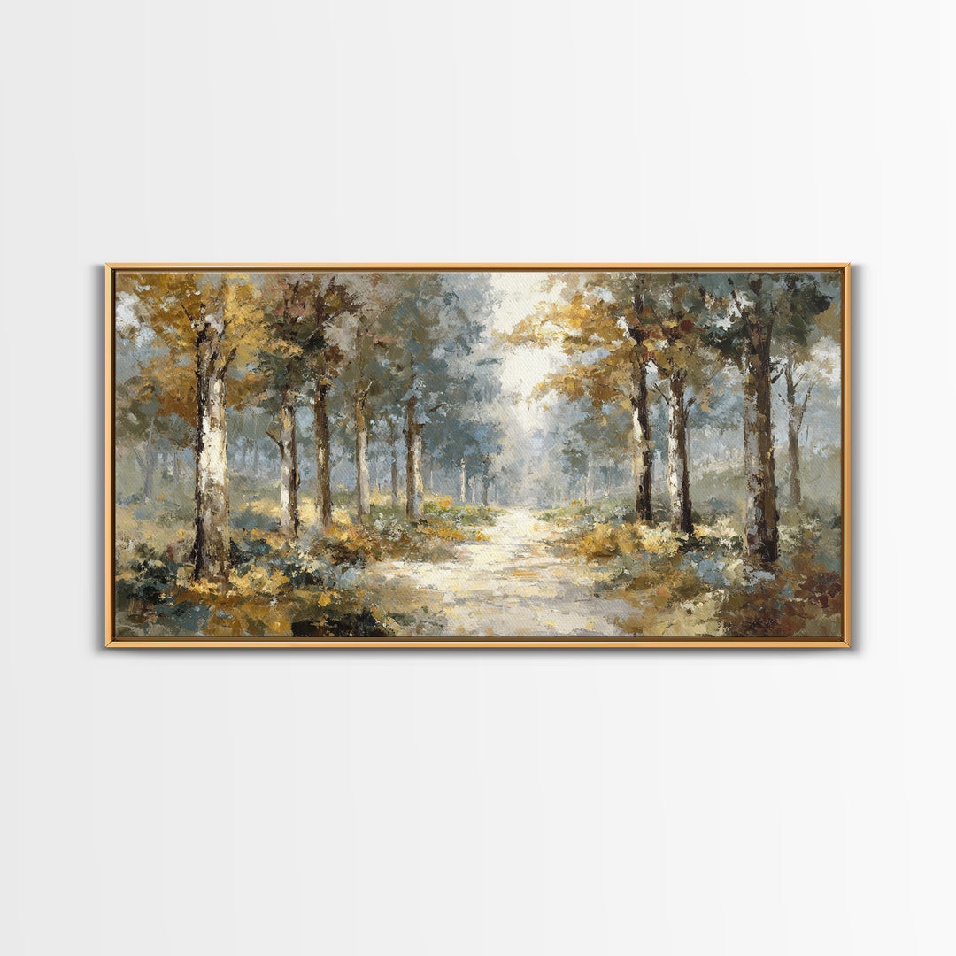 Woodland Path with Golden Autumn Atmosphere Framed Canvas Print, Art, Art Prints, Living Room Decor, Fine Art, ART-2x1-43