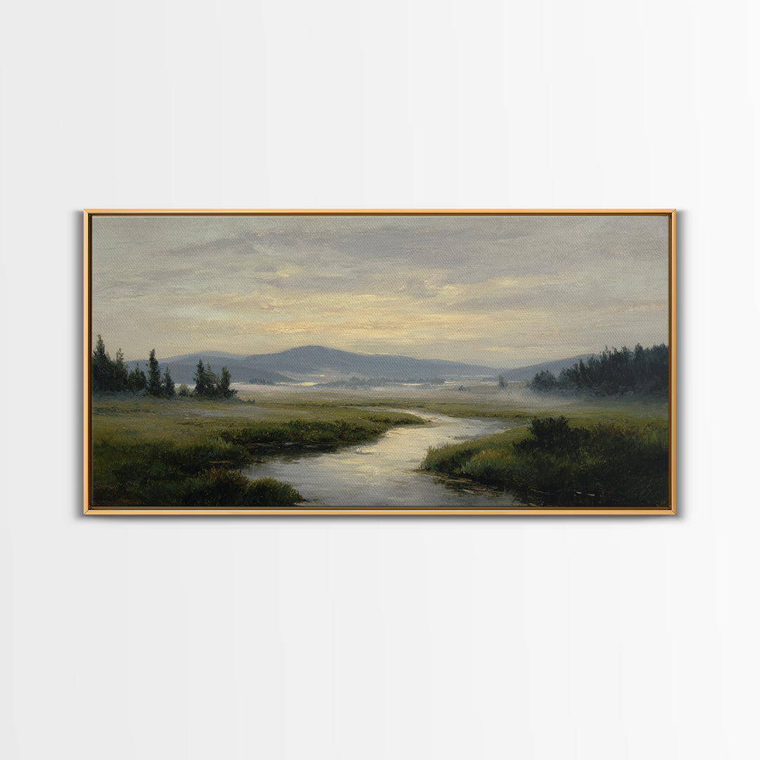 Classic Landscape with Winding River and Atmospheric Canvas Print, Art, Digital Wall Art, Living Room Decor, Fine Art, ART-2x1-47