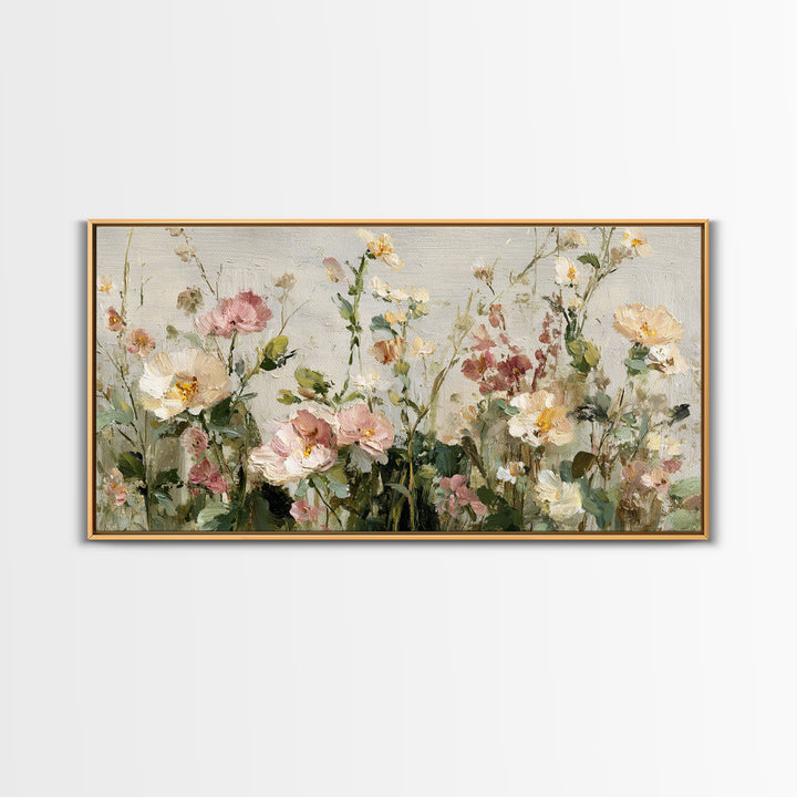 Painterly Meadow with Loose Impressionist Flowers Framed Canvas Print, Art, Canvas Art, Living Room Decor, Watercolor Art, ART-2x1-59