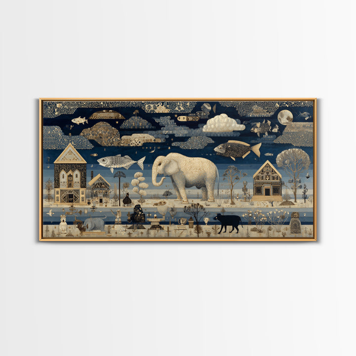 Naive Folk Art Village Canvas Print, Art, Wall Art Prints, Living Room Decor, Fine Art, Ai Art, Textured Wall Art, ART-2x1-64
