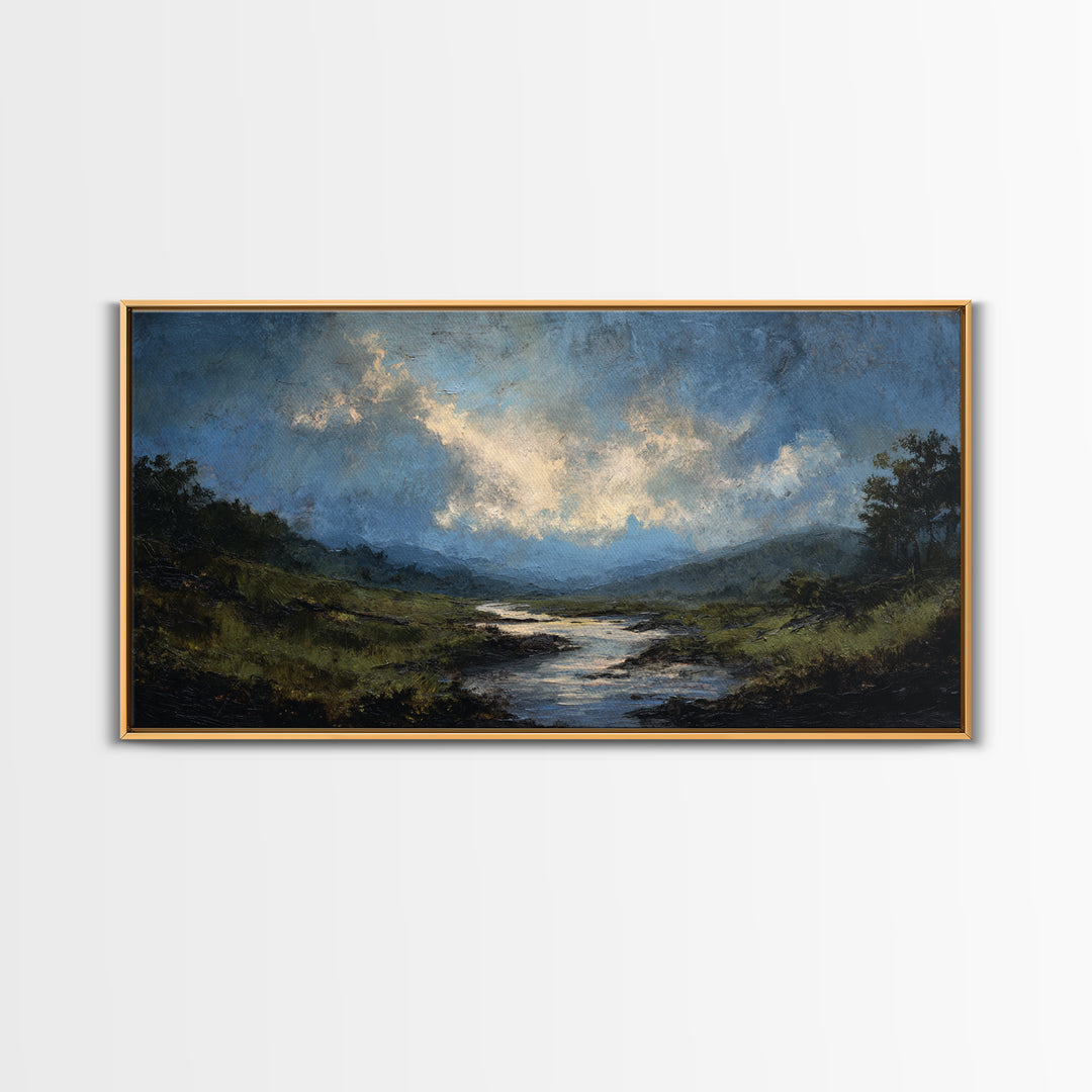 Classic Landscape with Winding River and Atmospheric Canvas Print, Art, Black Art, Living Room Decor, Fine Art, ART-2x1-71