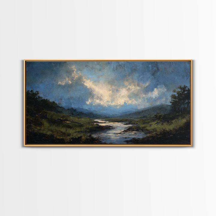 Classic Landscape with Winding River and Atmospheric Canvas Print, Art, Black Art, Living Room Decor, Fine Art, ART-2x1-71