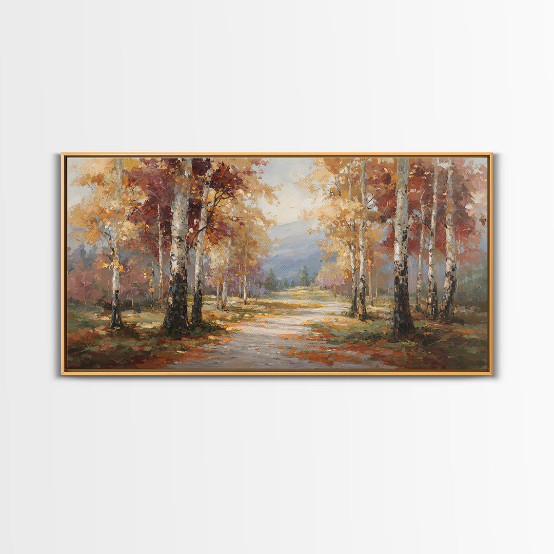 Woodland Path with Golden Autumn Atmosphere Framed Canvas Print, Art, Art Print, Living Room Decor, Fine Art, ART-2x1-91