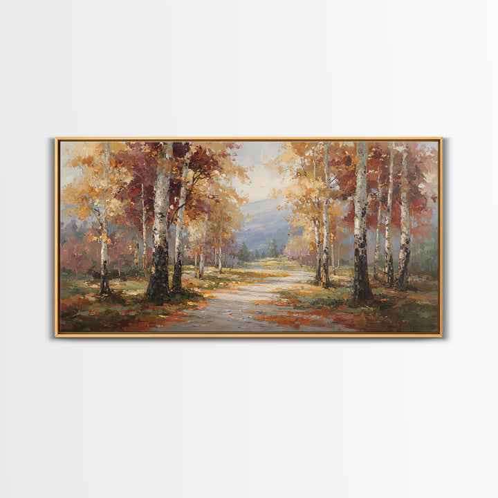 Woodland Path with Golden Autumn Atmosphere Framed Canvas Print, Art, Art Print, Living Room Decor, Fine Art, ART-2x1-91