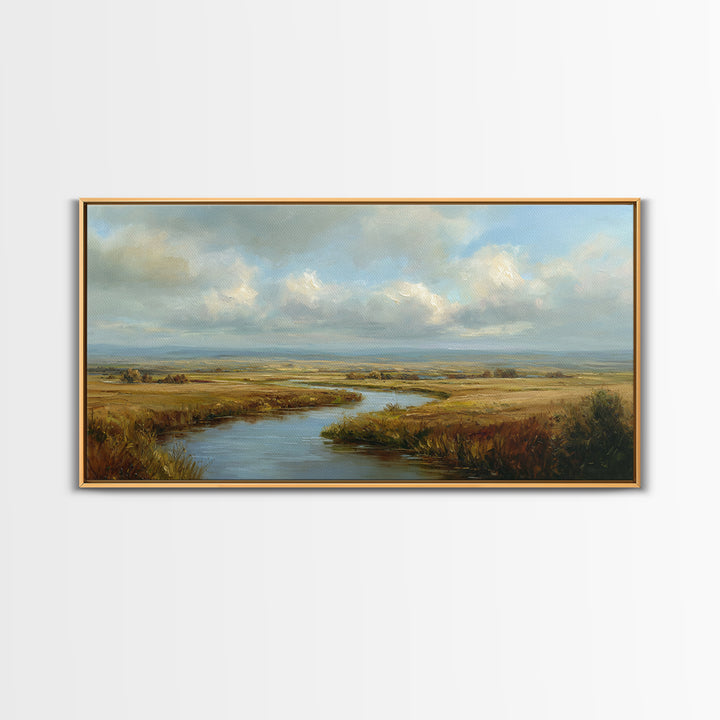 Classic Landscape with Winding River and Atmospheric Canvas Print, Art, Abstract Wall Art, Living Room Decor, ART-2x1-95