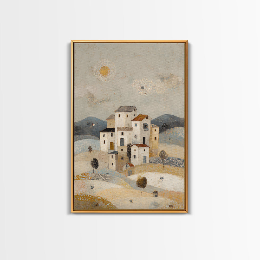 Naive Folk Art Village Framed Canvas Print, Art, Pink Wall Art, Living Room Decor, Fine Art, Textured Painting, ART-2x3-100